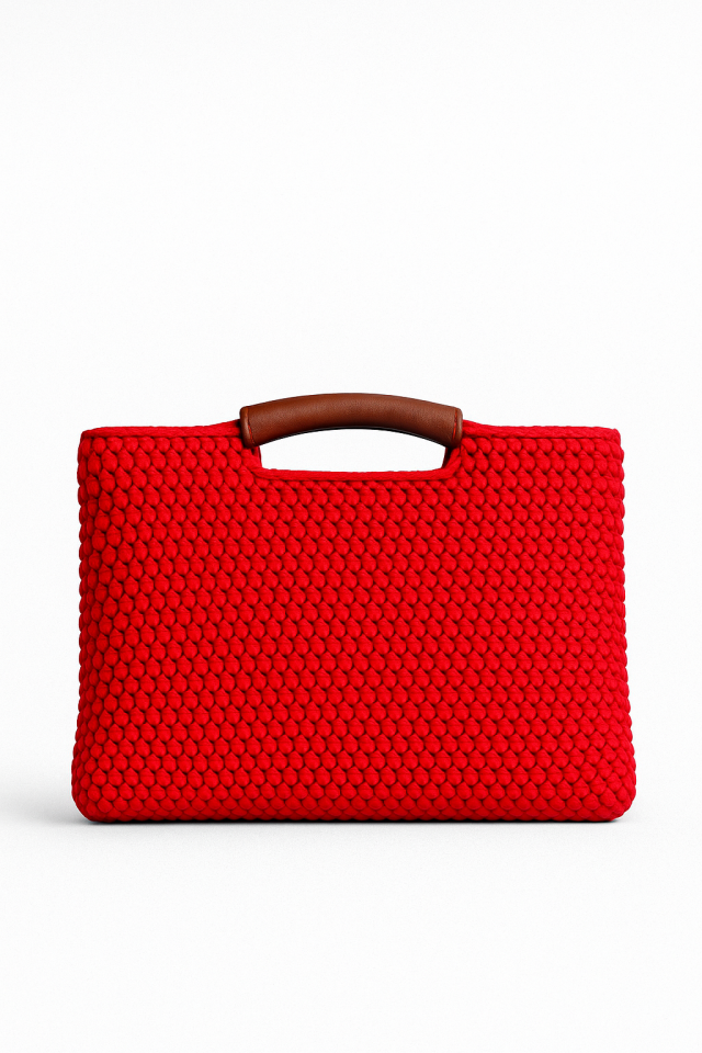 Deri Dokunuş Örgü Bilgisayar Çantası - Kırmızı