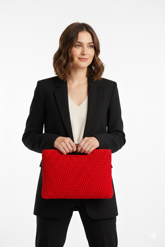 Deri Dokunuş Örgü Bilgisayar Çantası - Kırmızı