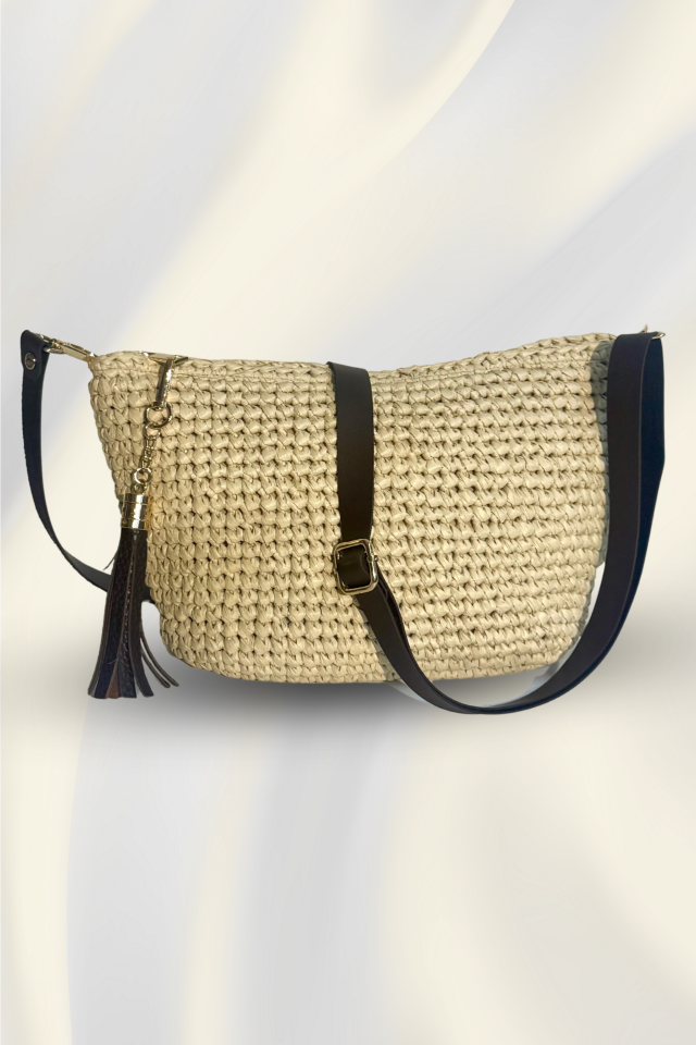 Saten Rafya Çapraz Çanta – Krem