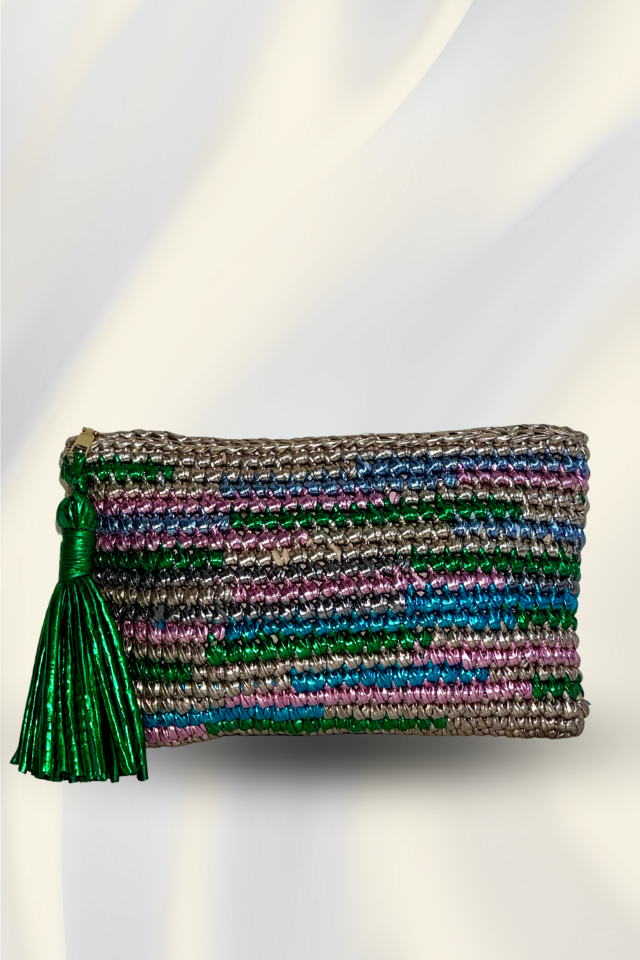 Renkli Çizgi Clutch - Yeşil Püskül