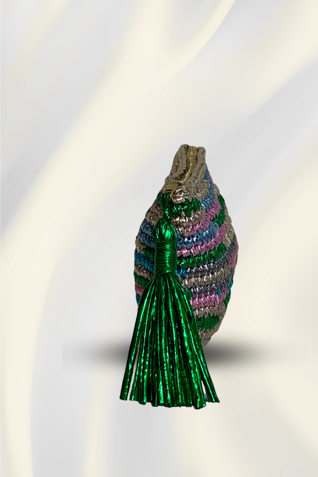 Renkli Çizgi Clutch - Yeşil Püskül