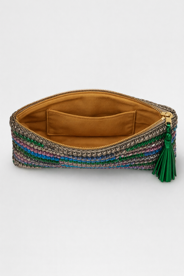 Renkli Çizgi Clutch - Yeşil Püskül