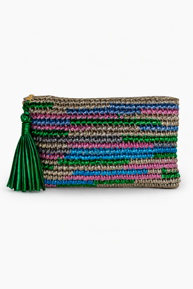 Renkli Çizgi Clutch - Yeşil Püskül