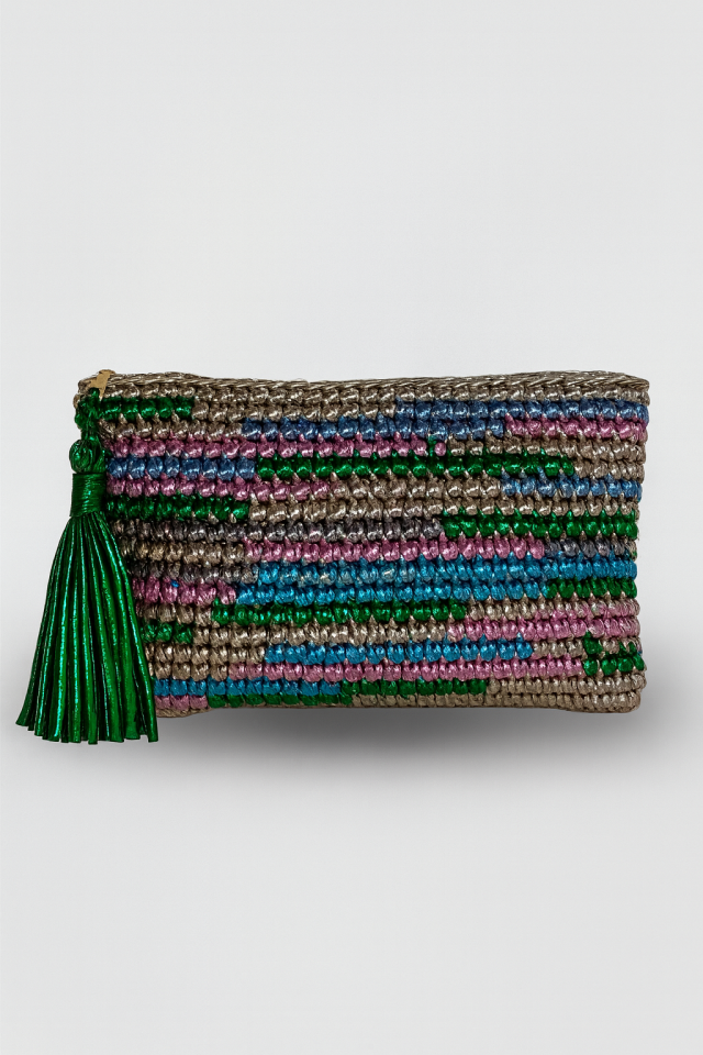 Renkli Çizgi Clutch - Yeşil Püskül