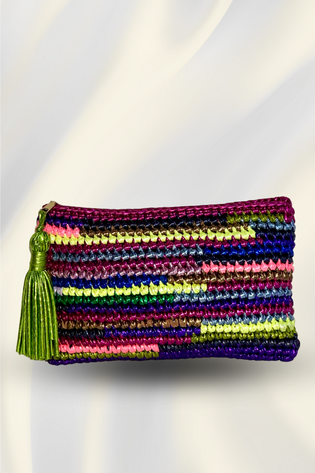 Renkli Çizgi Clutch - Fıstık Yeşili Püskül