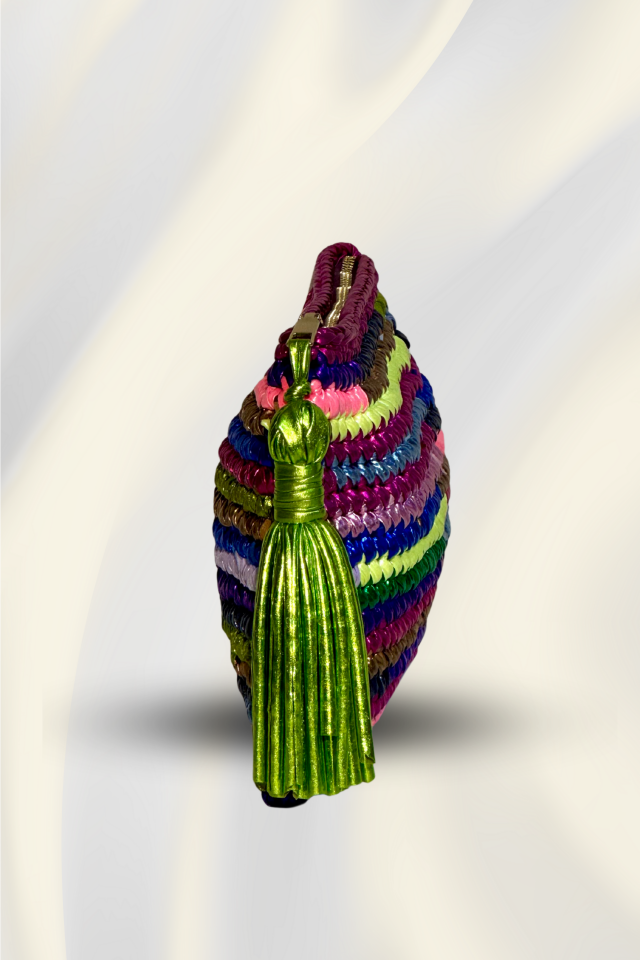 Renkli Çizgi Clutch - Fıstık Yeşili Püskül