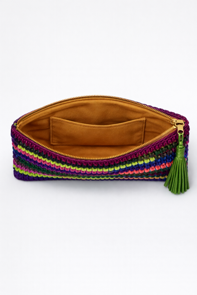 Renkli Çizgi Clutch - Fıstık Yeşili Püskül