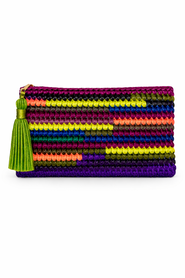 Renkli Çizgi Clutch - Fıstık Yeşili Püskül