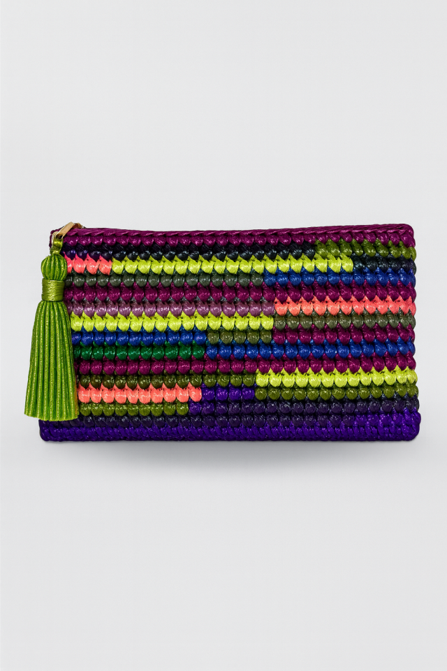 Renkli Çizgi Clutch - Fıstık Yeşili Püskül