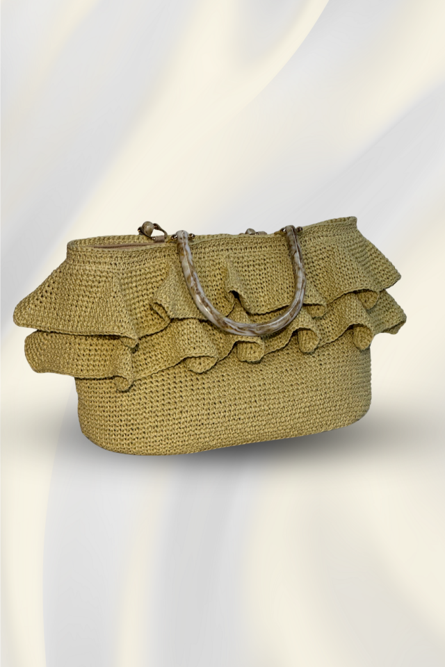 Volan Detaylı Hasır Çanta - Krem