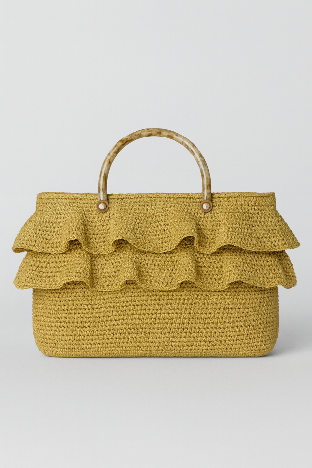 Volan Detaylı Hasır Çanta - Krem