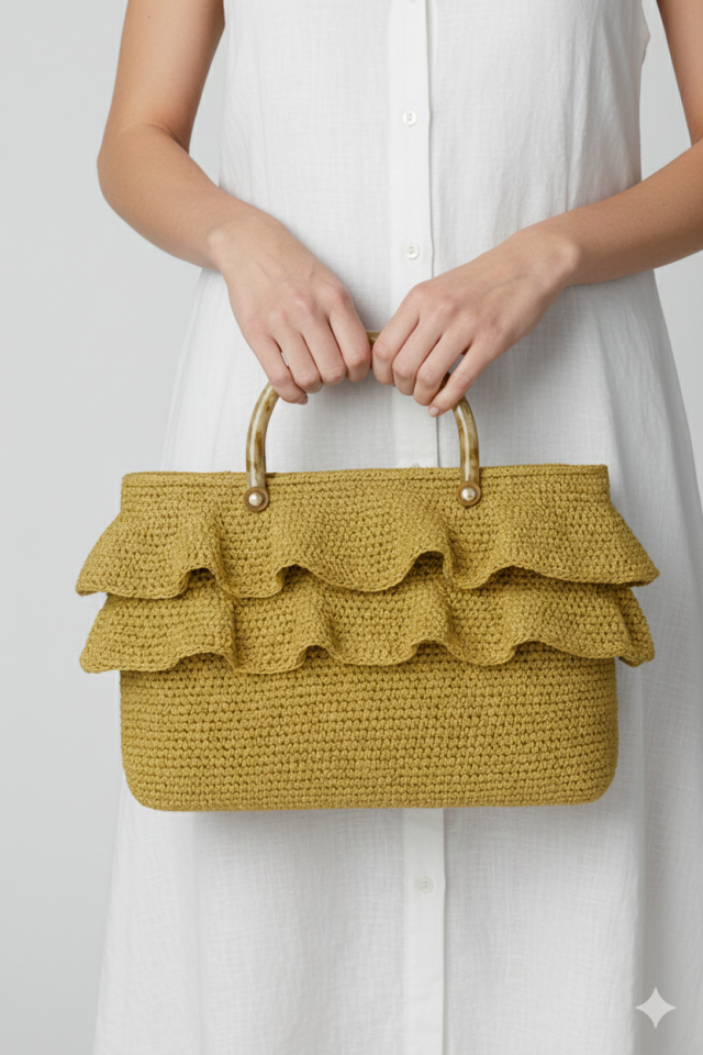 Volan Detaylı Hasır Çanta - Krem