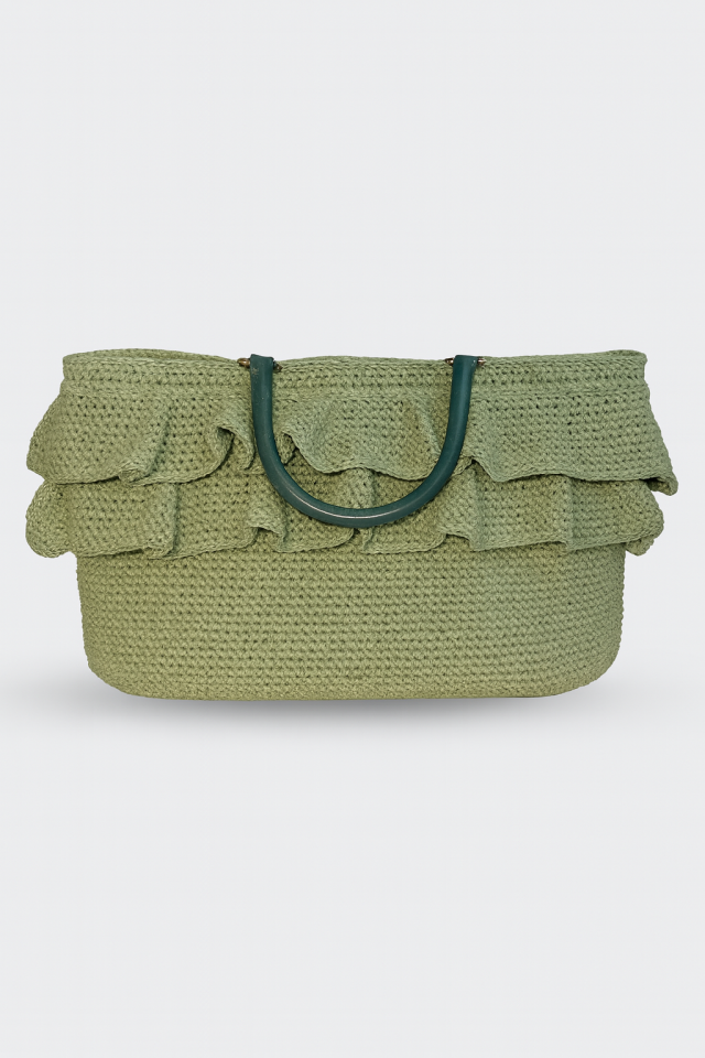 Volan Detaylı Hasır Çanta - Su Yeşil