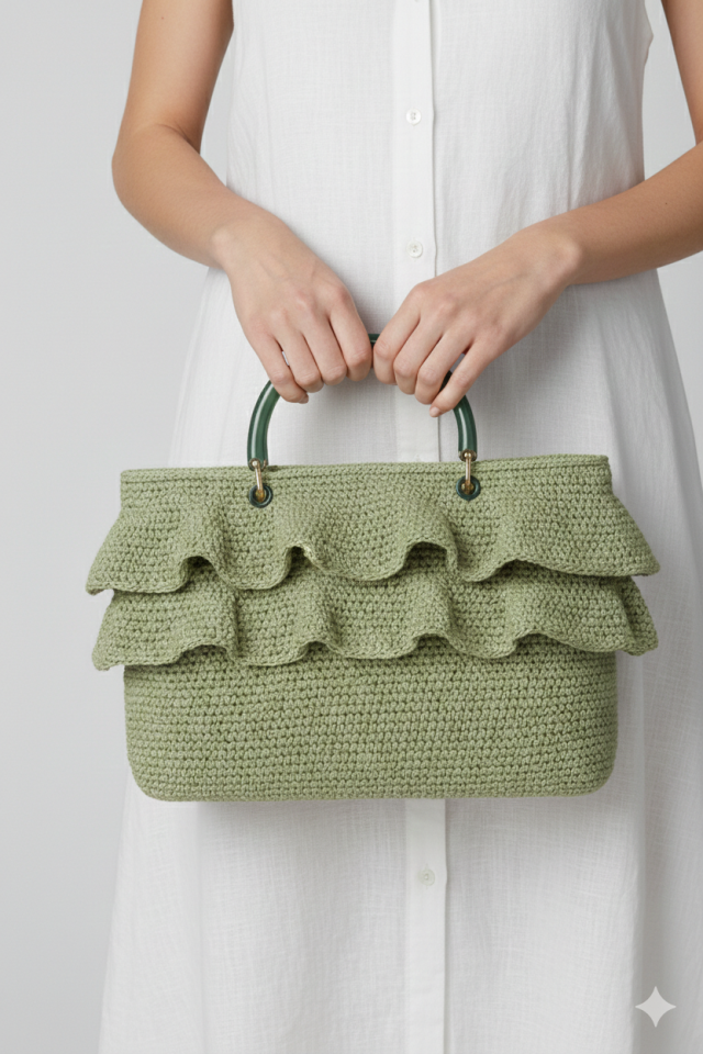 Volan Detaylı Hasır Çanta - Su Yeşil