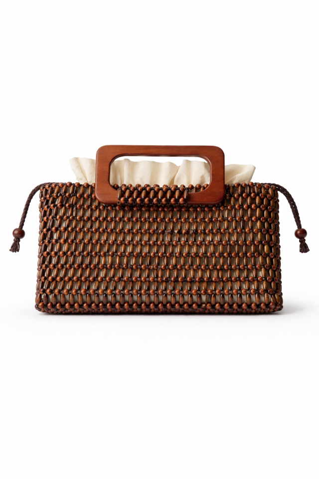 Ahşap Saplı Boncuk Örgü El Çantası - Kahverengi