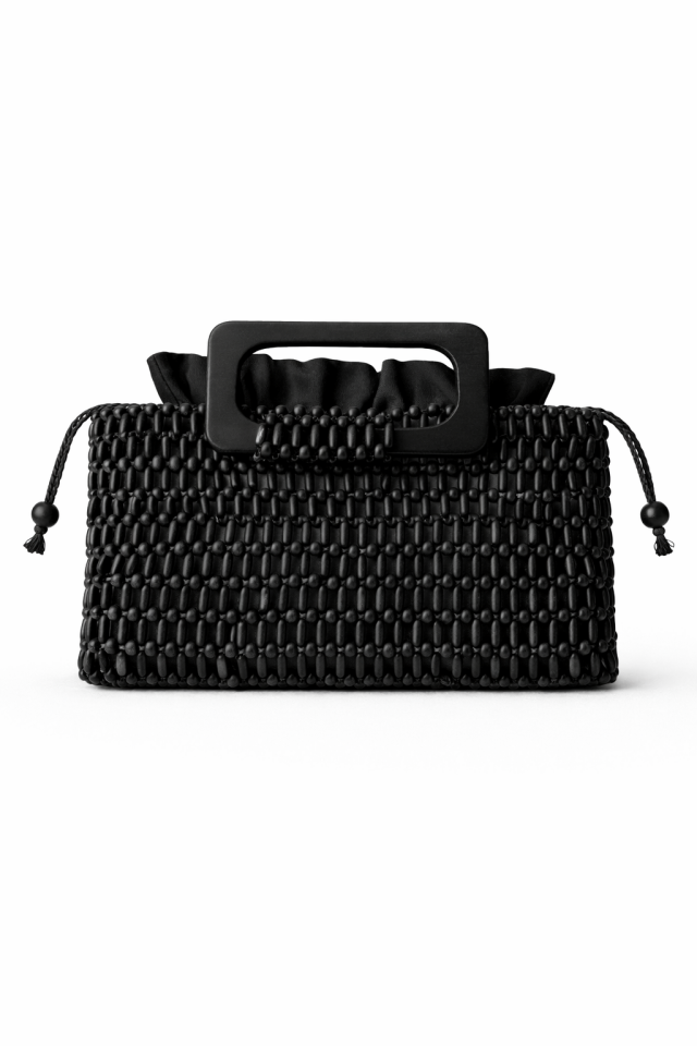 Ahşap Saplı Boncuk Örgü El Çantası – Siyah
