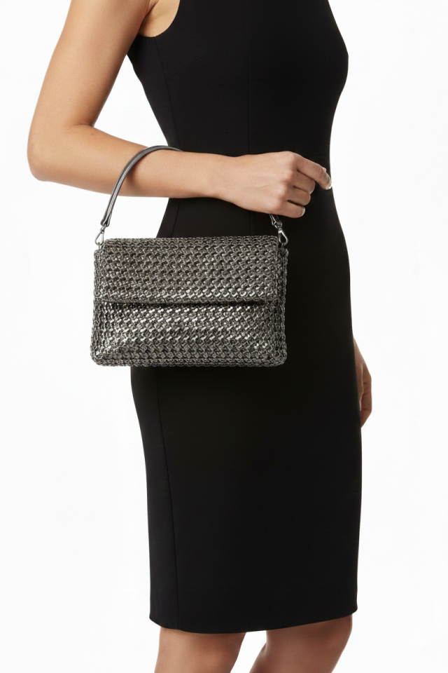 Metalik Örgü Omuz Çantası - Antrasit