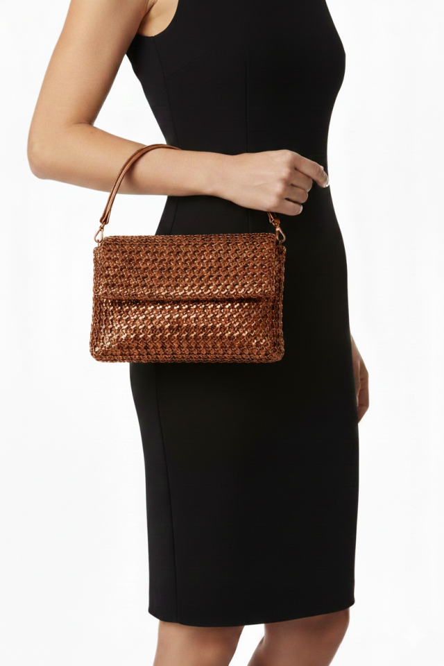 Metalik Örgü Omuz Çantası - Bronz