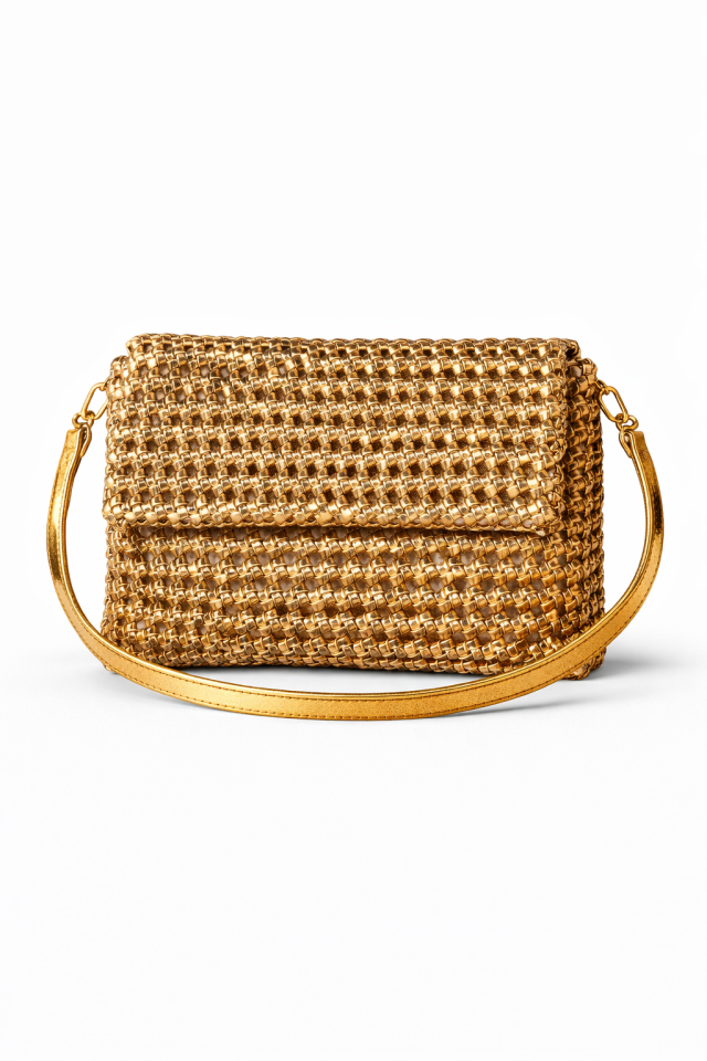 Metalik Örgü Omuz Çantası - Altın
