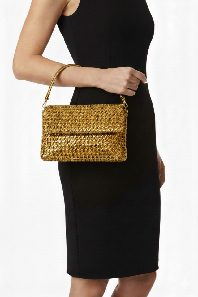 Metalik Örgü Omuz Çantası - Altın