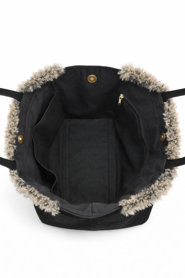 Kürklü Süet Çanta - Siyah