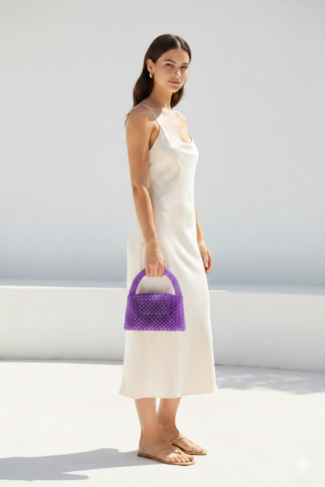 Kristal Boncuk El Çantası -  Mor