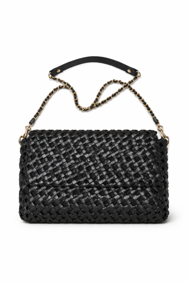 Zincir Detaylı Örgü Çanta - Siyah