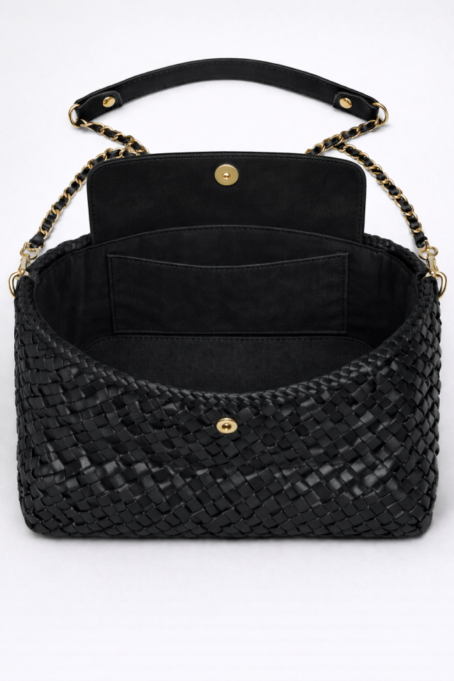 Zincir Detaylı Örgü Çanta - Siyah