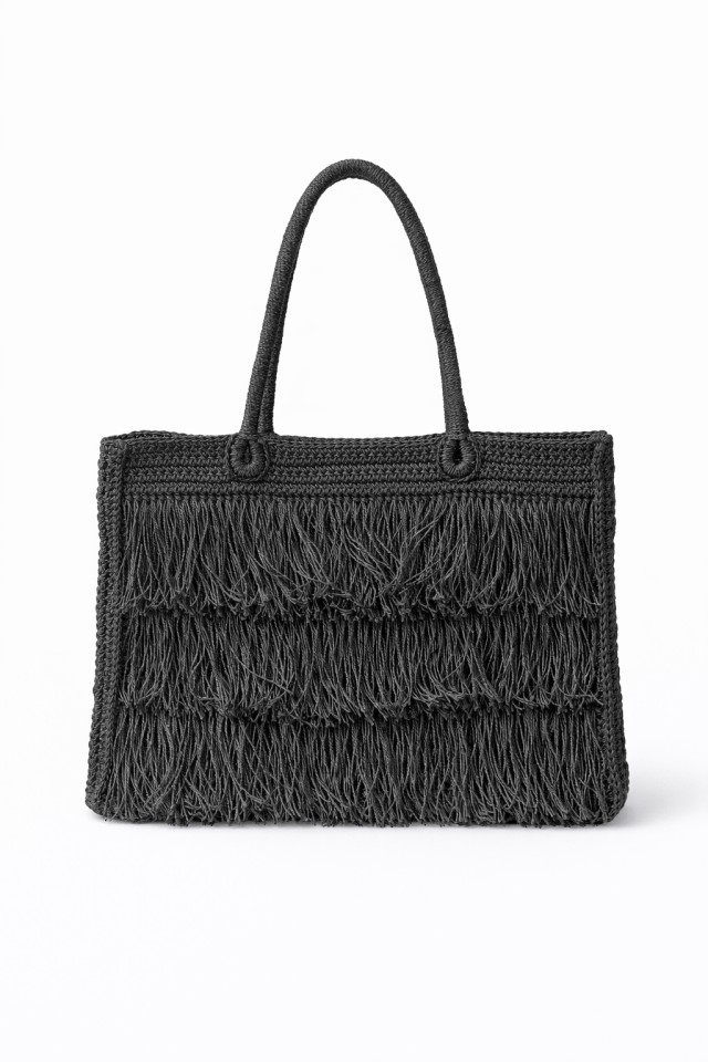 Püsküllü El Örgüsü Büyük Tote Çanta - Siyah