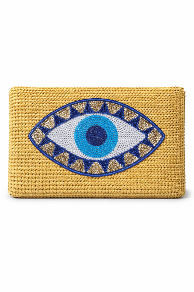 Nazar Gözlü Örgü Clutch - Pullu Bej