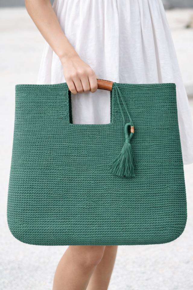 Büyük Püsküllü El Örgüsü Çanta - Yeşil