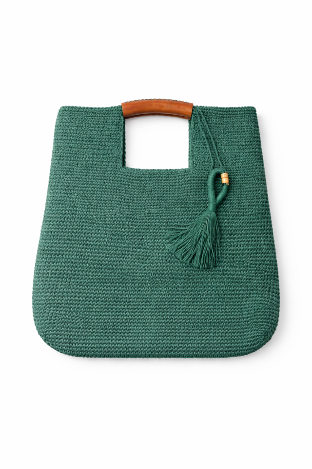 Büyük Püsküllü El Örgüsü Çanta - Yeşil