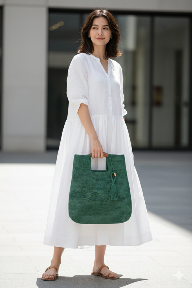 Büyük Püsküllü El Örgüsü Çanta - Yeşil