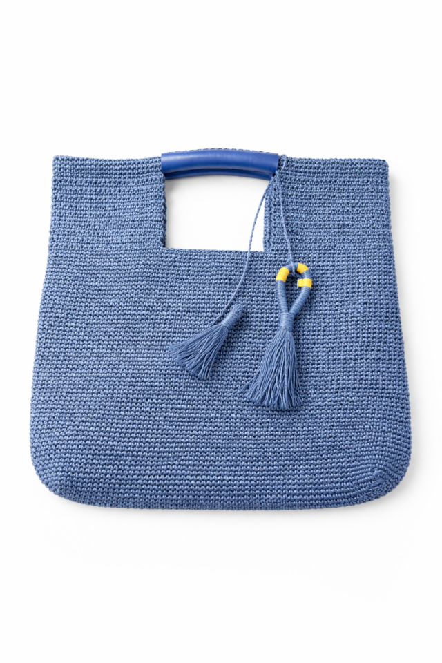 Büyük Püsküllü El Örgüsü Çanta - Mavi