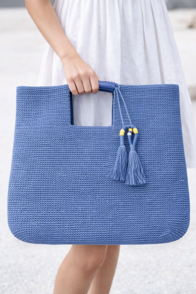 Büyük Püsküllü El Örgüsü Çanta - Mavi
