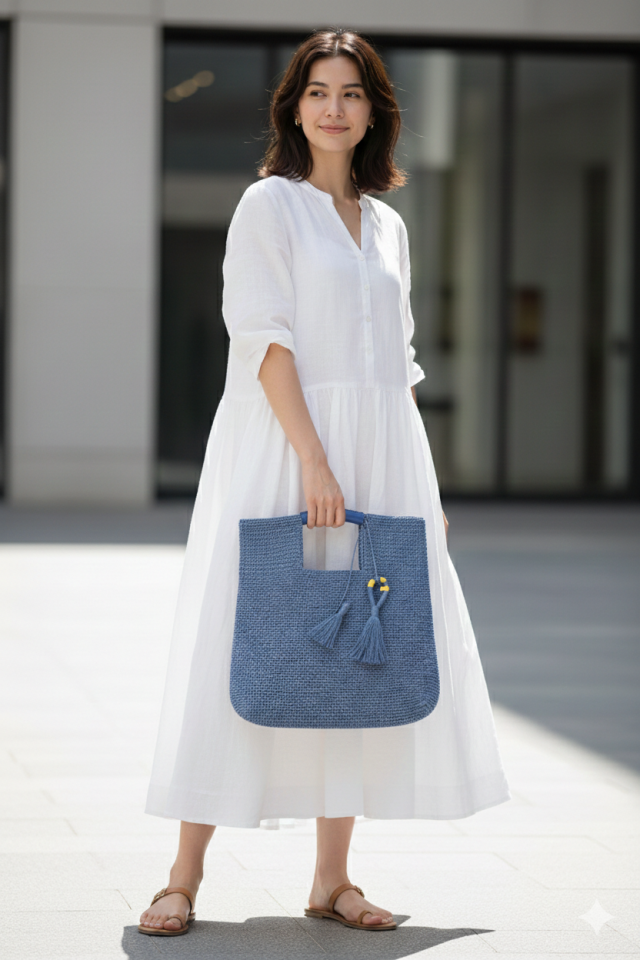 Büyük Püsküllü El Örgüsü Çanta - Mavi