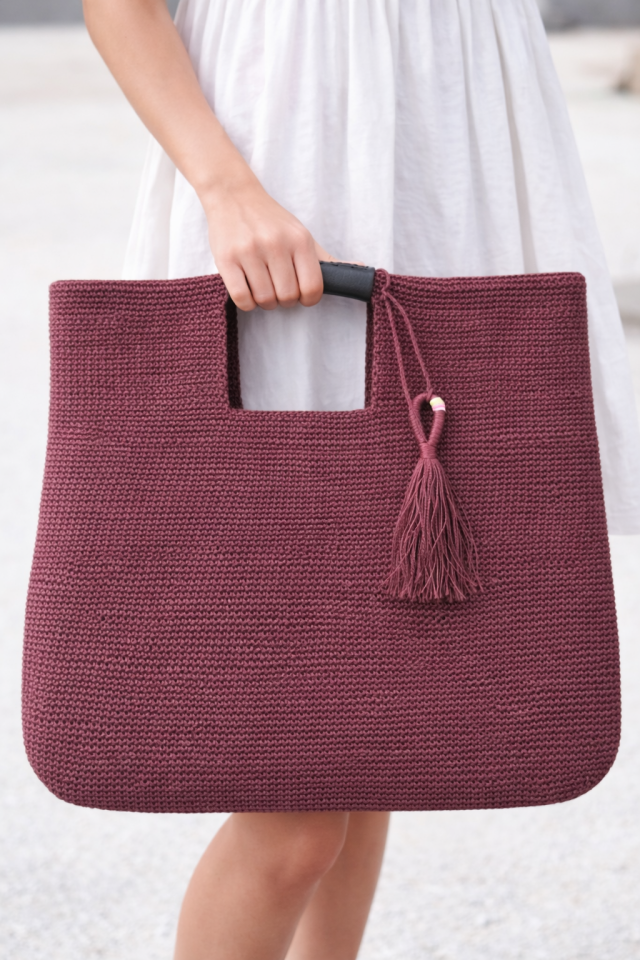 Büyük Püsküllü El Örgüsü Çanta – Bordo