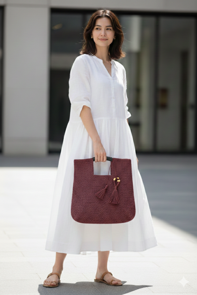 Büyük Püsküllü El Örgüsü Çanta – Bordo