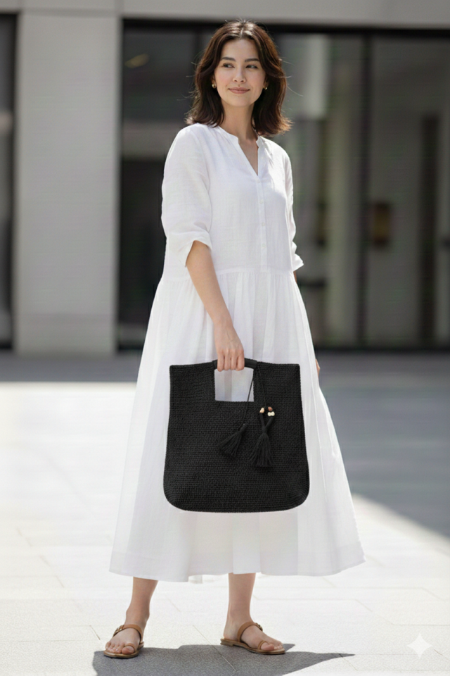 Büyük Püsküllü El Örgüsü Çanta - Siyah