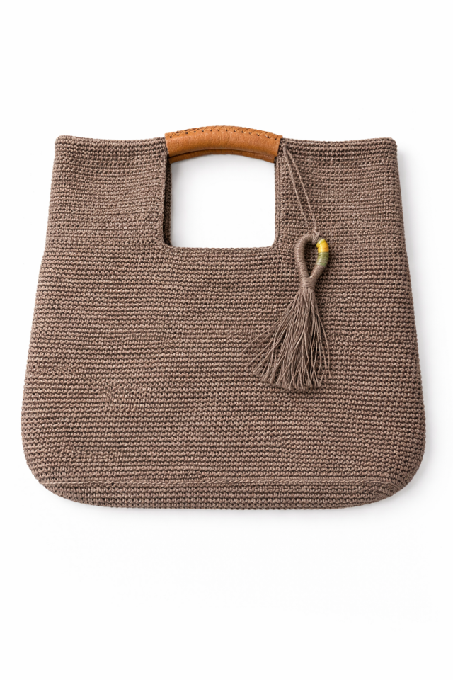 Büyük Püsküllü El Örgüsü Çanta - Vizon