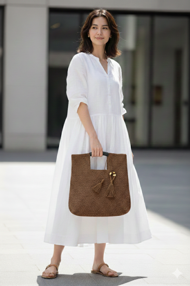 Büyük Püsküllü El Örgüsü Çanta - Vizon