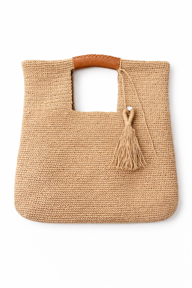 Büyük Püsküllü El Örgüsü Çanta - Bej