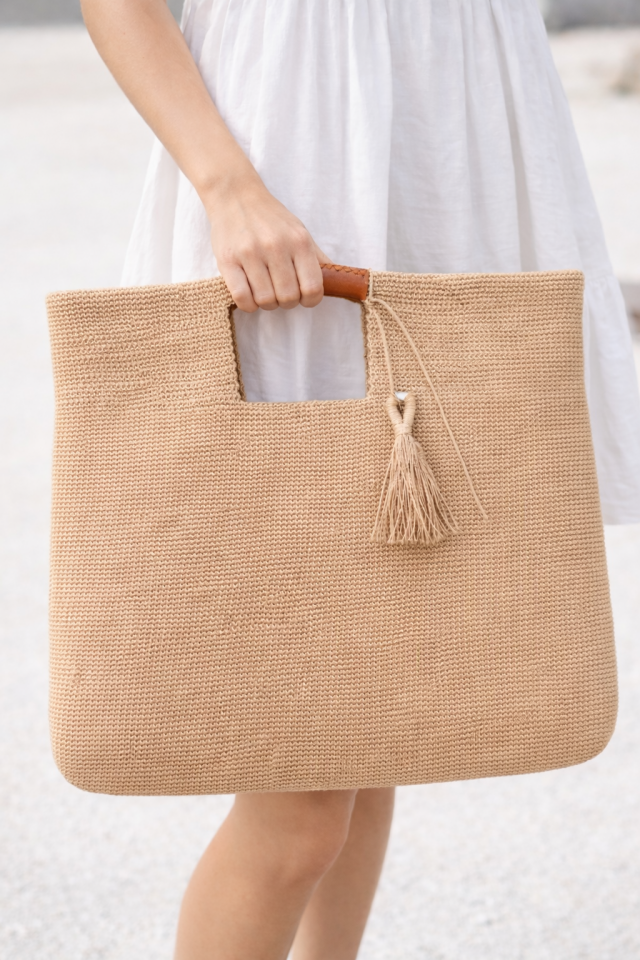 Büyük Püsküllü El Örgüsü Çanta - Bej