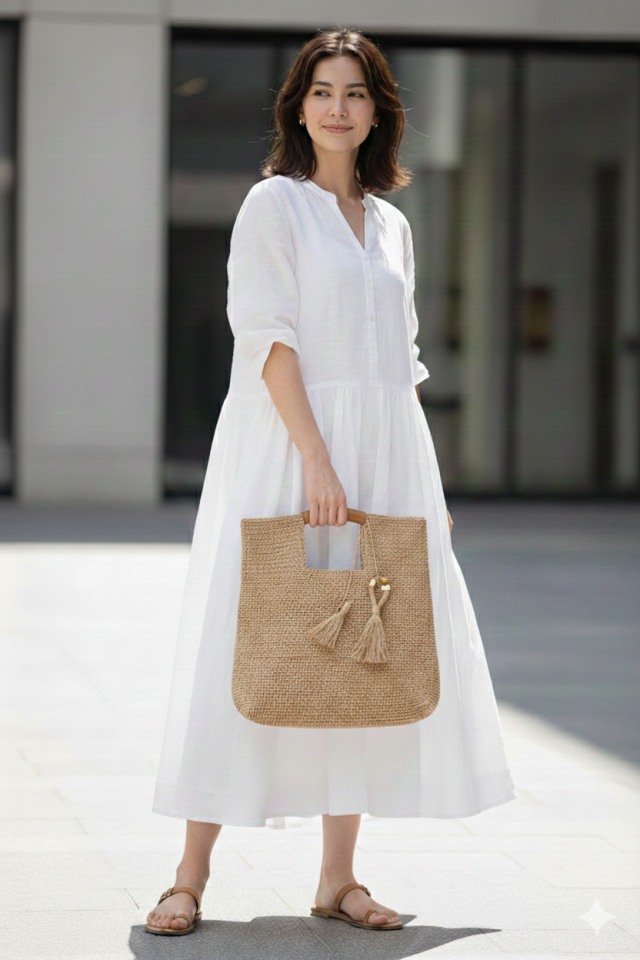 Büyük Püsküllü El Örgüsü Çanta - Bej