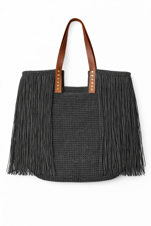 Deri Saplı Püskül Detaylı Büyük Tote Çanta – Siyah