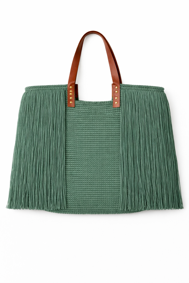 Deri Saplı Püskül Detaylı Büyük Tote Çanta - Yeşil