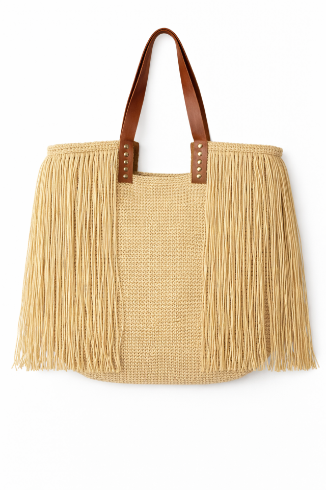 Deri Saplı Püskül Detaylı Büyük Tote Çanta - Bej