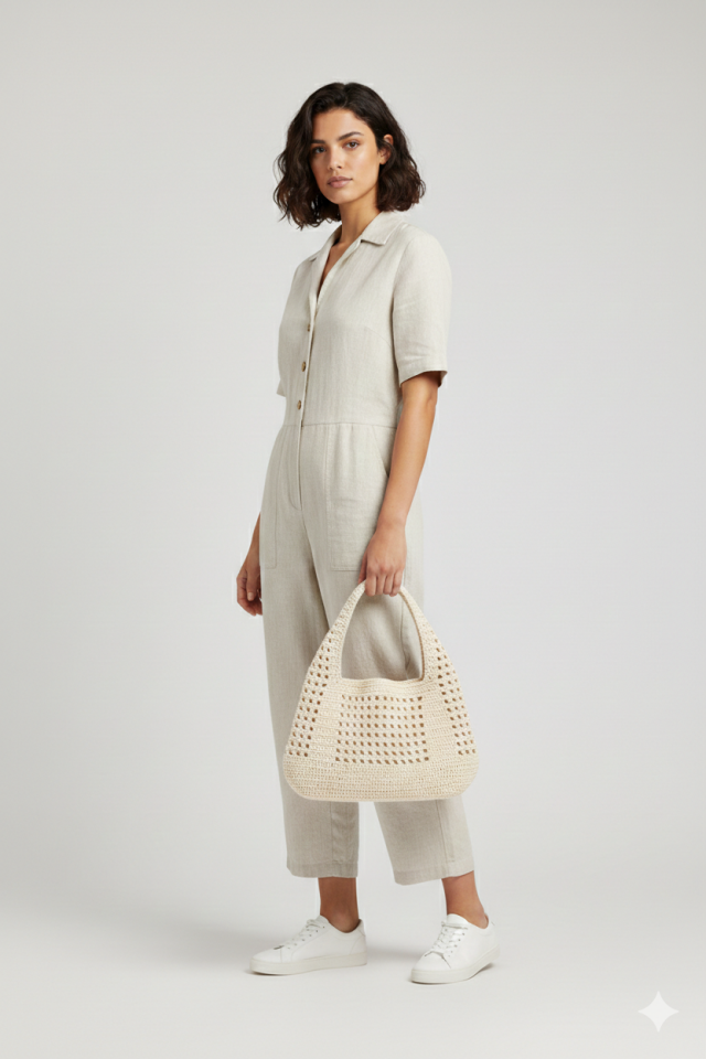 Mini Rafya Örgü Çanta - Krem