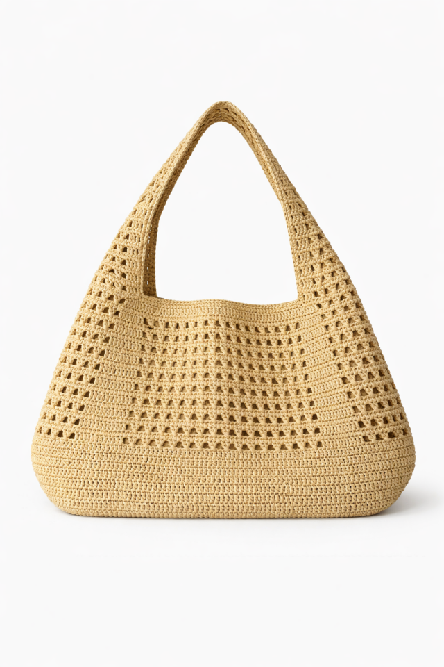 Büyük Rafya Örgü Çanta - Bej