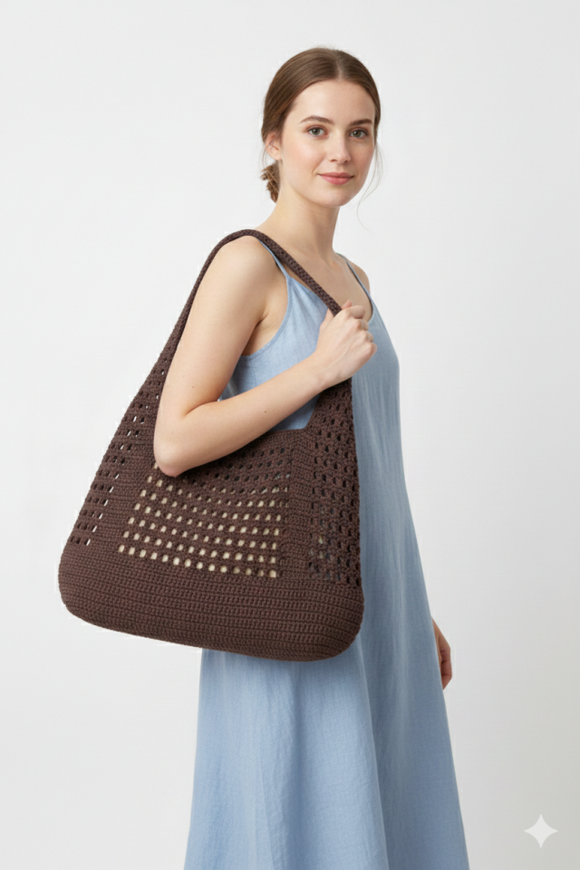 Büyük Rafya Örgü Çanta  - Vizon